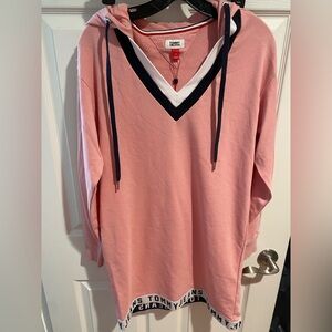 Tommy Hilfiger Pink V-Neck Hoodie Sweater with Navy & White Trim